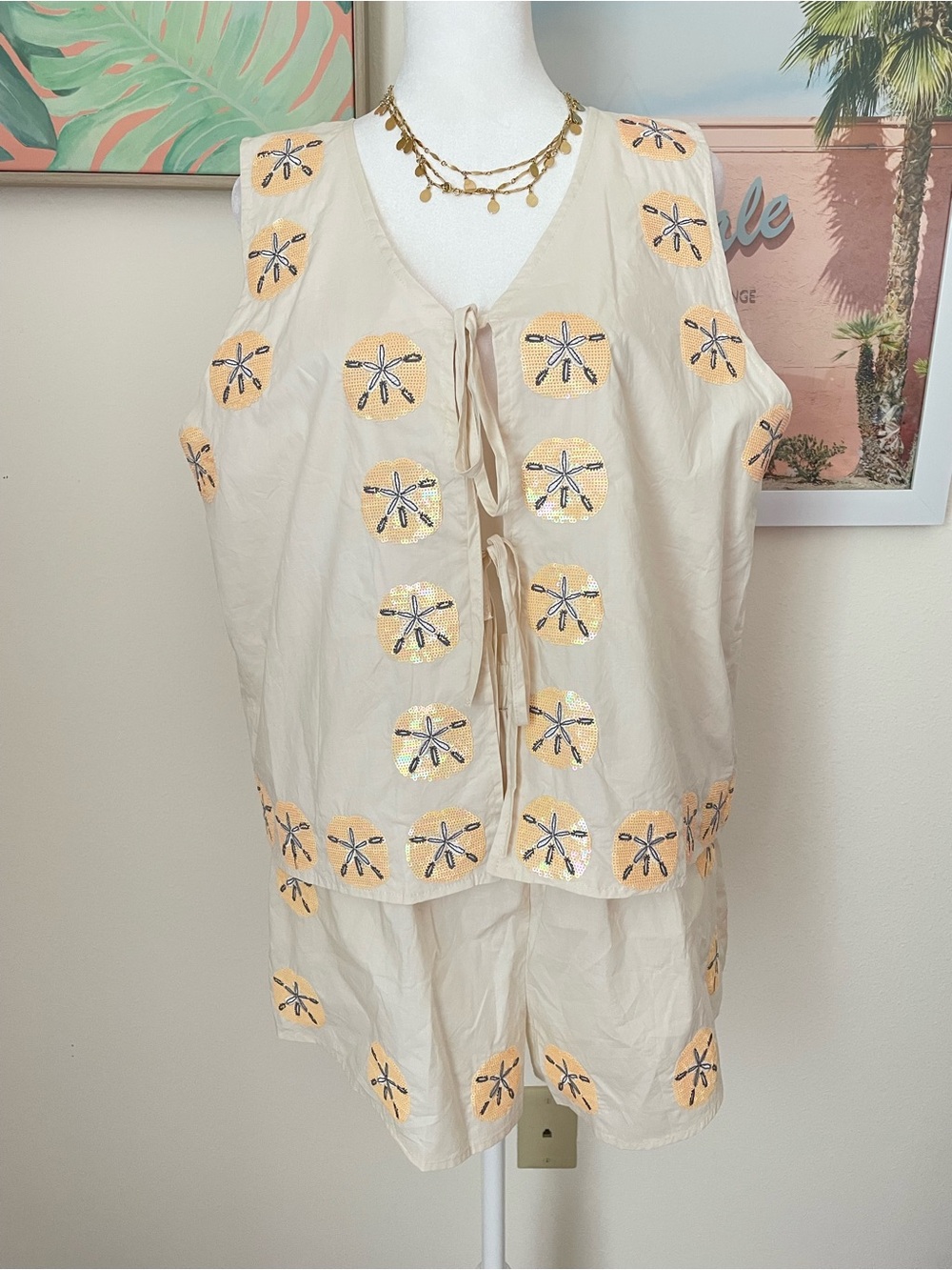 QUEEN OF SPARKLES Sequin Sand Dollar Cotton Tie Tank Top & Shorts Matching Set - Picture 5 of 10